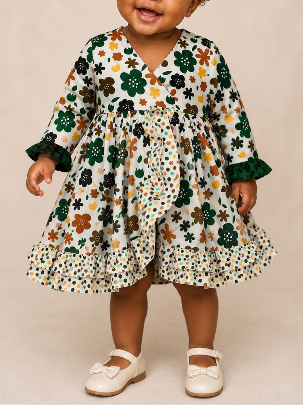 Jelly The Pug Green and Orange Floral Kids Dress (956)